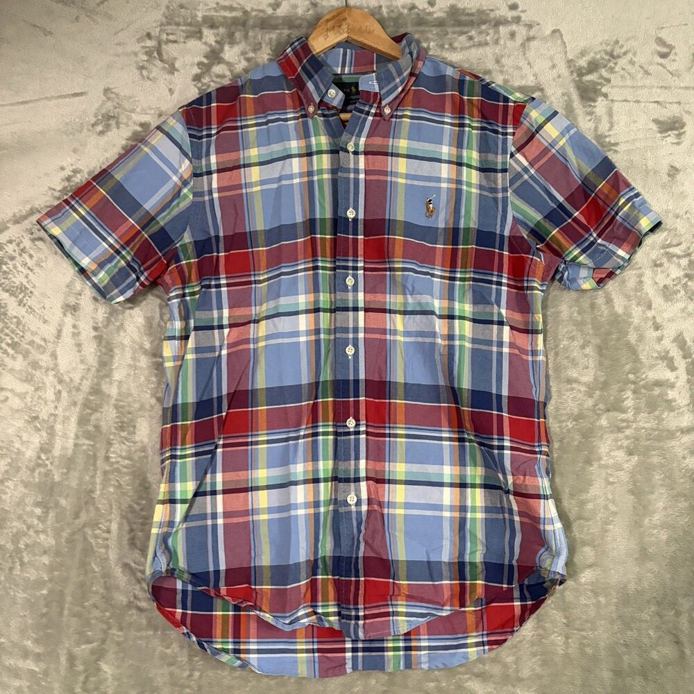 Ralph Lauren Plaid Button Down Mens M Multi-Color Slim Fit Shirt Flesh Pony